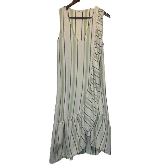 ZARA Dress Small Sleeveless Ruffle Cotton Midi Dress Stripe Cream Green Rustic - Picture 1 of 9